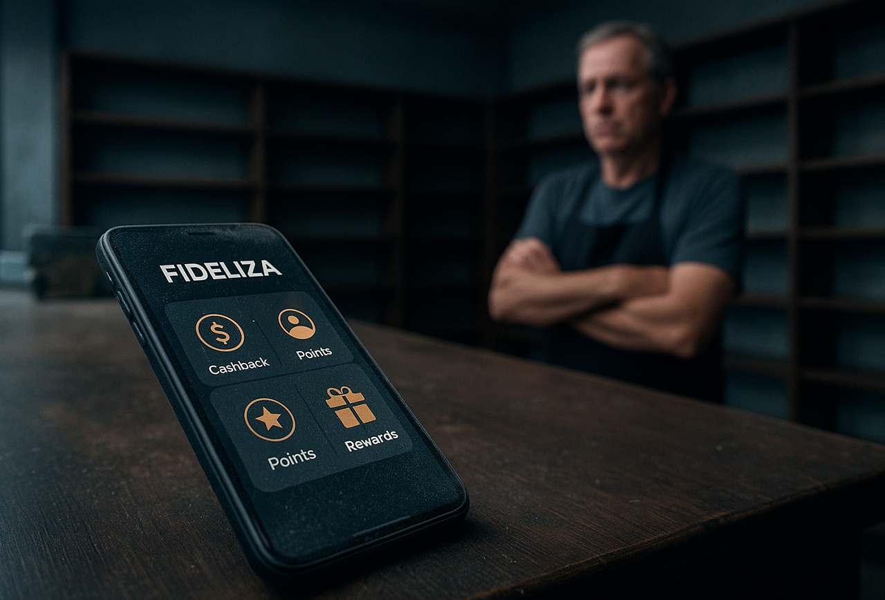 Uma imagem realista de uma app de fidelização esquecida num smartphone pousado no balcão de uma loja vazia e mal iluminada. Ao fundo, o comerciante está com ar preocupado, a olhar para as prateleiras vazias. A interface da app visível no ecrã do smartphone mostra ícones de cashback, pontos e recompensas, mas está coberta de pó. A luz ambiente deve transmitir abandono, com tons frios e ligeiramente desaturados.