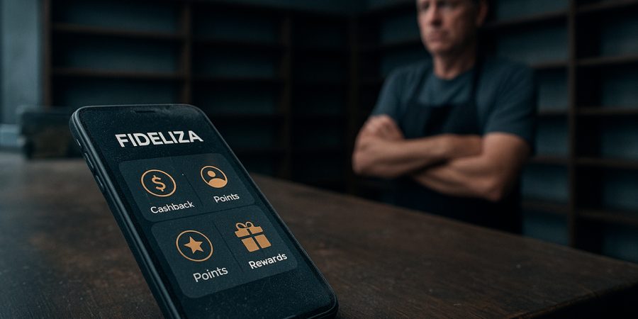 Uma imagem realista de uma app de fidelização esquecida num smartphone pousado no balcão de uma loja vazia e mal iluminada. Ao fundo, o comerciante está com ar preocupado, a olhar para as prateleiras vazias. A interface da app visível no ecrã do smartphone mostra ícones de cashback, pontos e recompensas, mas está coberta de pó. A luz ambiente deve transmitir abandono, com tons frios e ligeiramente desaturados.